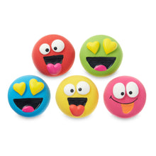 Six colorful buddy dog toy balls with heart eyes and open mouths