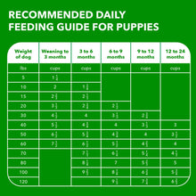 Puppy daily feeding guide chart with weight and cups by age.