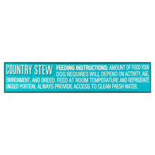 Feeding instructions label for Country Stew wet dog food