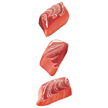 Three beef flavor dog treat pieces with marbled white fat stripes