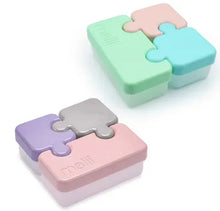 Puzzle food storage containers (2) with interlocking lids, mint and pink