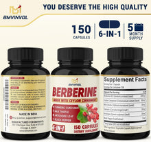 Set of three berberine dietary supplement bottles with supplement facts cards