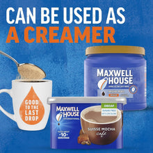 Maxwell House decaf instant coffee mix canister with mug and spoon