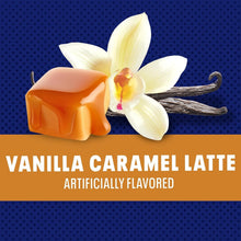Vanilla caramel latte promotional label with vanilla pods and caramel pieces
