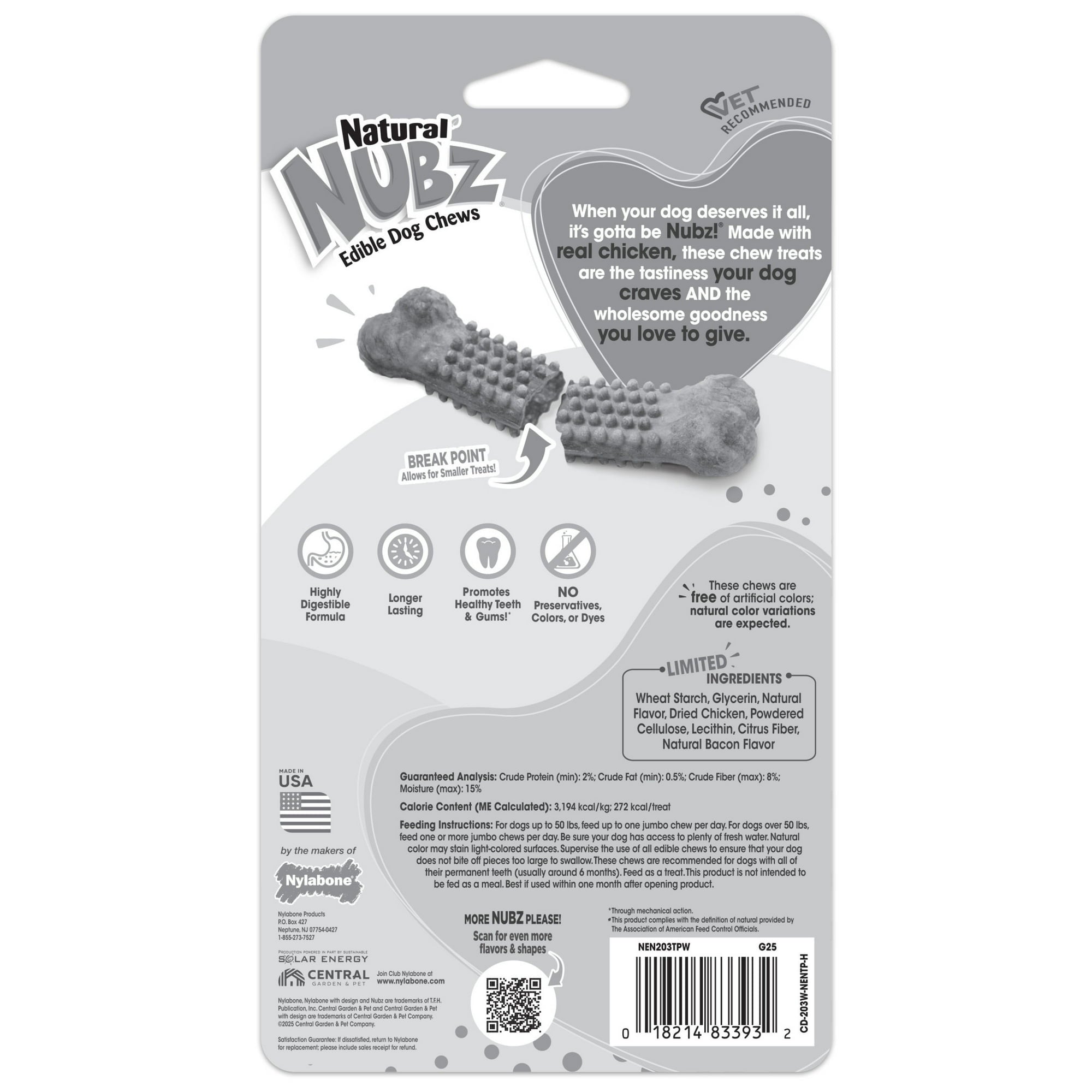 Nylabone Natural Nubz Edible Dog Dry Chew Treat, Chicken Flavor, Small