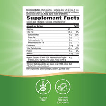 Coconut oil softgels supplement facts label with nutrition table and ingredient notes