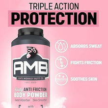 Anti Monkey Butt body powder bottle with triple action protection icons on label