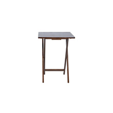 Walnut folding tray table set of 2, side view with gray tabletop and open frame