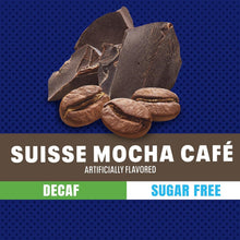 Suisse Mocha Cafe beverage mix graphic with decaf and sugar free labels.