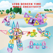 Magnetic building blocks set with colorful house and star shapes assembled