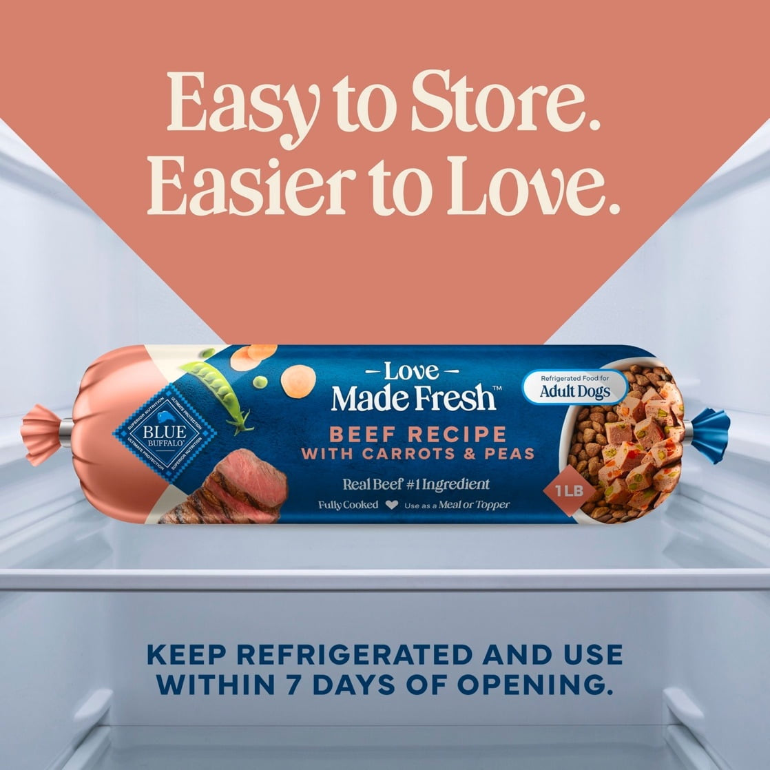 Blue Buffalo Love Made Fresh Dog Food, Refrigerated, Beef Recipe, 1-lb Roll