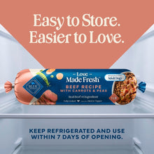 Refrigerated beef recipe dog food roll with keep refrigerated and use within 7 days text