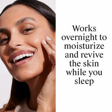Woman applying overnight moisturizer on cheek; works overnight text on right