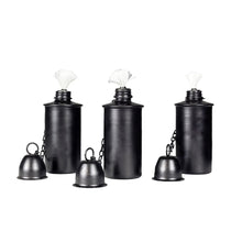 Set of black metal torch canisters with snap lids and small hanging handles