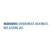 Golden Rewards dog jerky treats bag, ingredients panel listing chicken, duck, beef