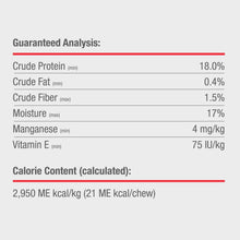 Guaranteed analysis panel for dog chew: protein 18%, fat 0.4%