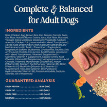 Ingredients and guaranteed analysis panel for adult dog food with nutrition details