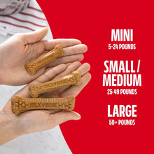 Milk-Bone brushing chews size guide with bones and labels: mini, small, medium, large