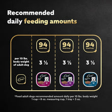 Recommended daily feeding amounts chart with 94 kcal per tray and tray icons