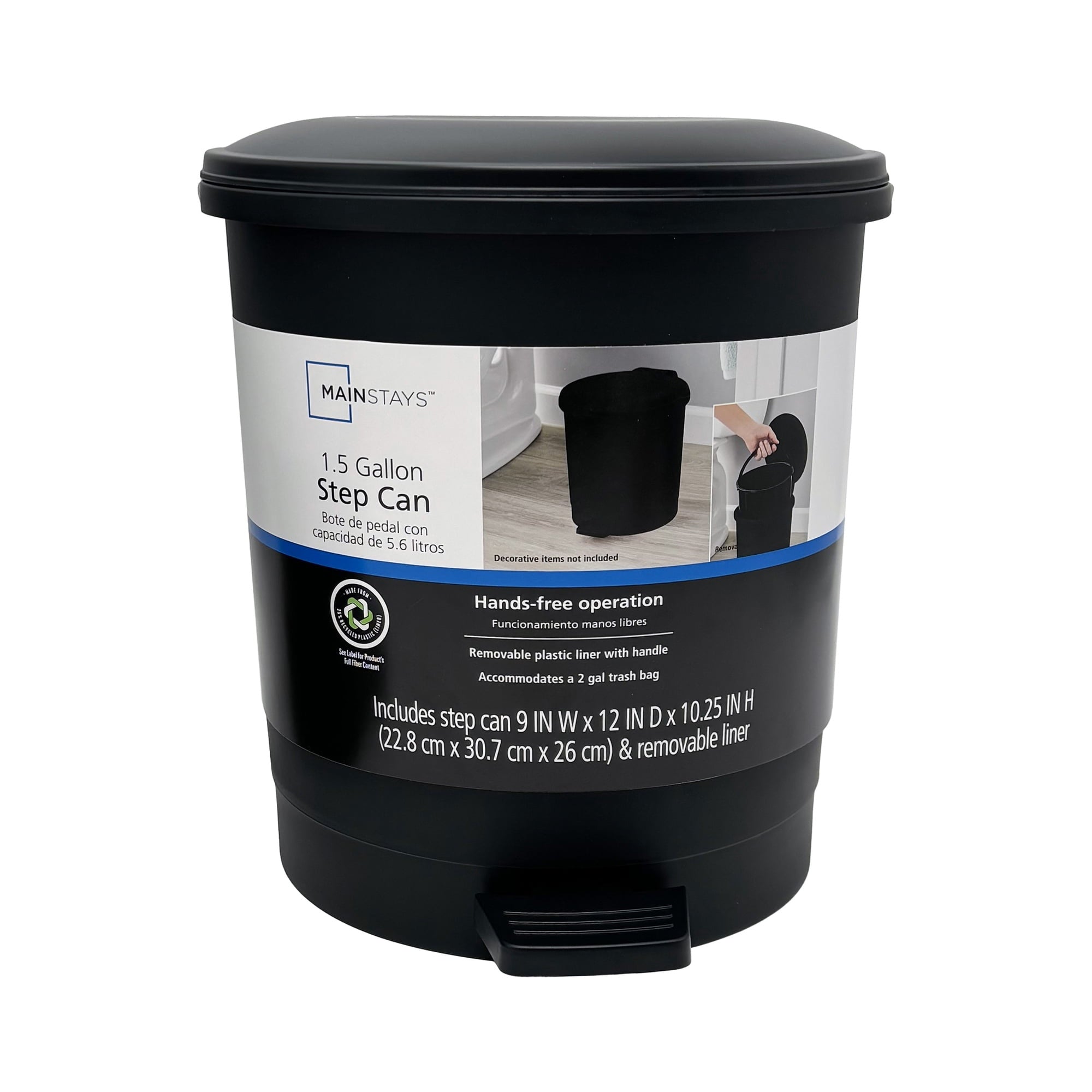 Mainstays Black Plastic Bathroom Trash Can