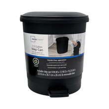 Black 1.5-gallon step trash can with hands-free operation label