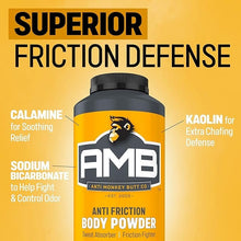 Anti friction body powder bottle front with AMB logo and ingredient callouts