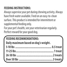 Dog treat feeding instructions label with daily portion guidance by weight