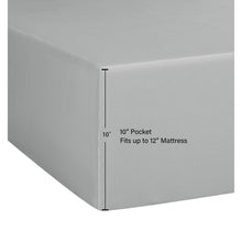 Light gray fitted sheet with deep pocket; fits up to 12" mattress