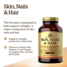 Solgar Skin, Nails & Hair Advanced MSM Formula bottle with informational benefits text.