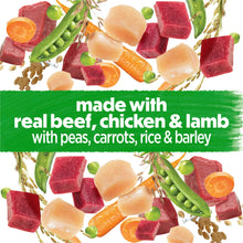 Wet dog food made with real beef, chicken & lamb with peas, carrots, rice & barley
