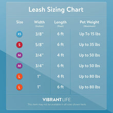 Leash sizing chart showing width, length, and pet weight ranges for sizes