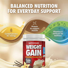 Naturade Weight Gain vanilla canister with balanced nutrition icons on packaging