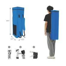 Blue canopy carry bag with folded tent and frame parts, shown being lifted