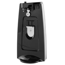 Black electric can opener with removable cutting lever, angled front view