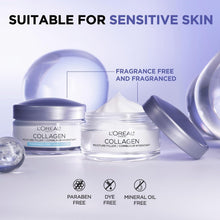 L’Oreal Paris Collagen moisture filler jars with fragrance-free and dye-free icons