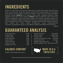 Dog food ingredients and guaranteed analysis nutrition panel with calorie content info
