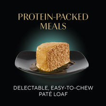 Pate loaf cube on small plate, wet cat food protein-packed meal graphic