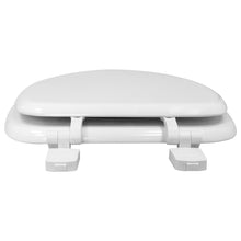 White elongated toilet seat with underside hinges and two front support blocks