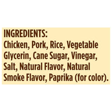 Ingredients label: chicken, pork, rice, vegetable glycerin, cane sugar, vinegar