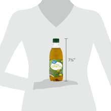 Olive oil bottle with green cap on a height guide graphic.