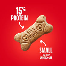 Small dog biscuit bone with 15% protein and 'small for dogs under 20 lbs'