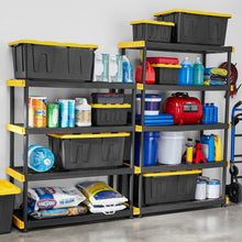 5-tier modular shelf unit with black bins and yellow support bars
