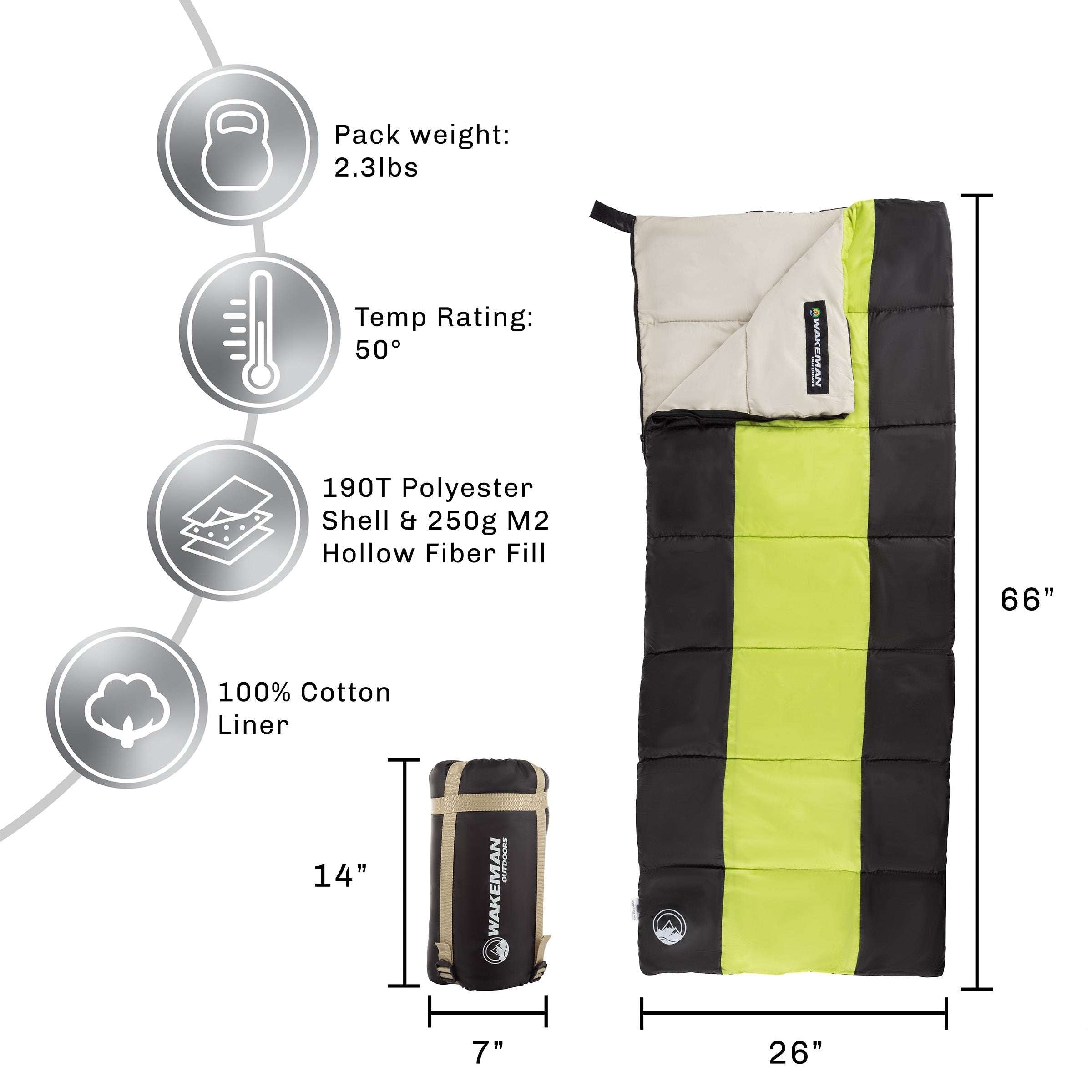 Wakeman Outdoors Kids Sleeping Bag with Zippers and Compression Bag (Green)