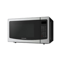 Countertop microwave oven, stainless steel with black door and right control panel.