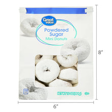 Powdered sugar mini donuts bag, front view with 10 oz net weight