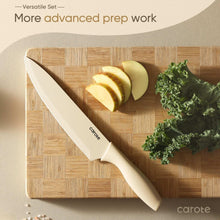 Chef knife and slicing knife cutting onion on a wooden cutting board.