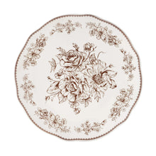Stoneware dinner plate with large floral bouquet pattern, white with brown scalloped rim