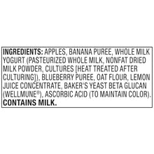 Ingredients for fruit pouch: apples, banana puree, whole milk yogurt, blueberry & oat flour