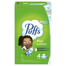 Puffs Plus Lotion facial tissue box, front panel with Puffs logo