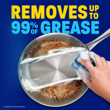 Dishwashing liquid ad showing sponge and pan with “REMOVES UP TO 99% GREASE” text